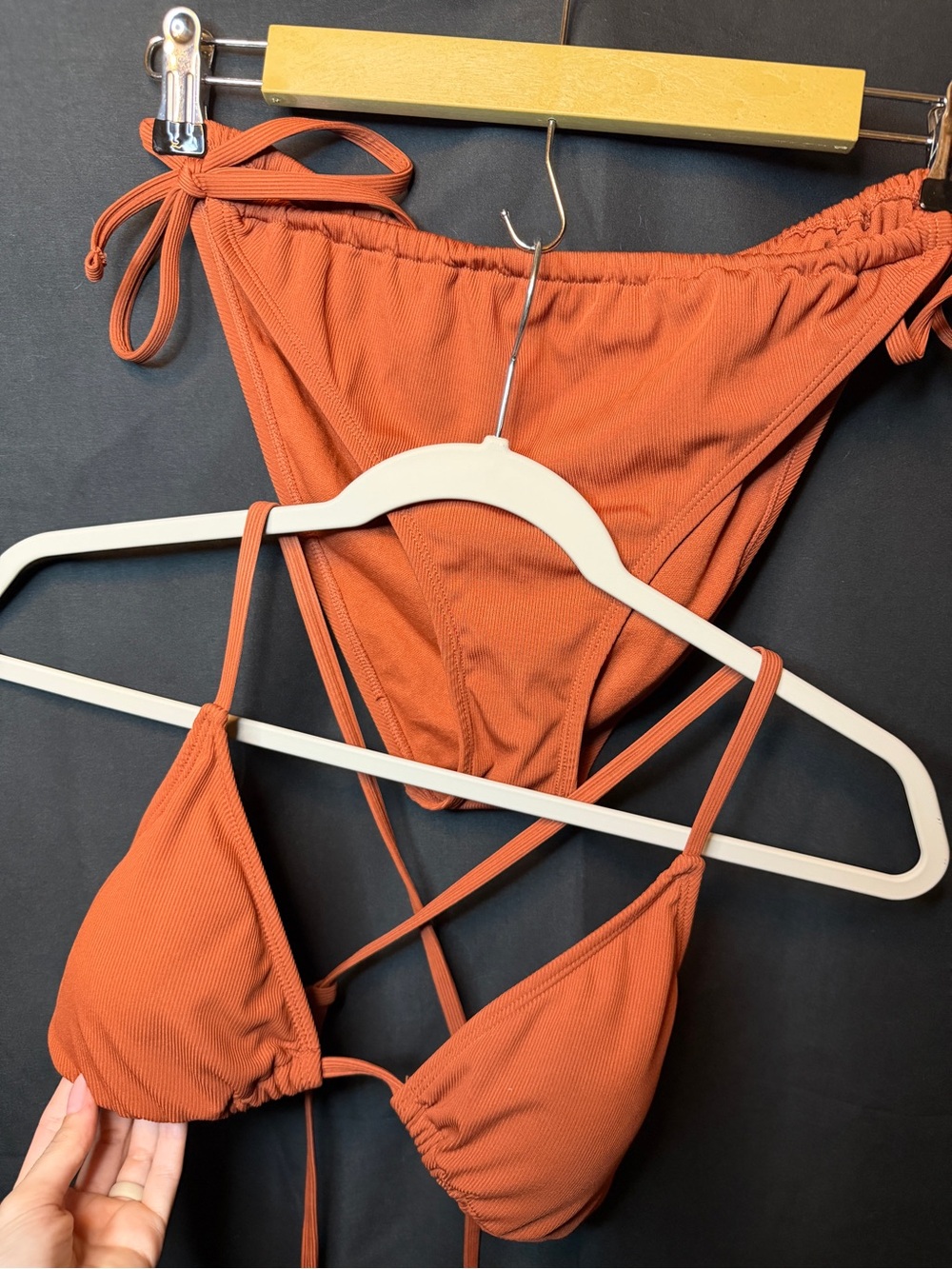 Shade & Shore Rust Orange Ribbed Triangle Bikini Set (M/L)